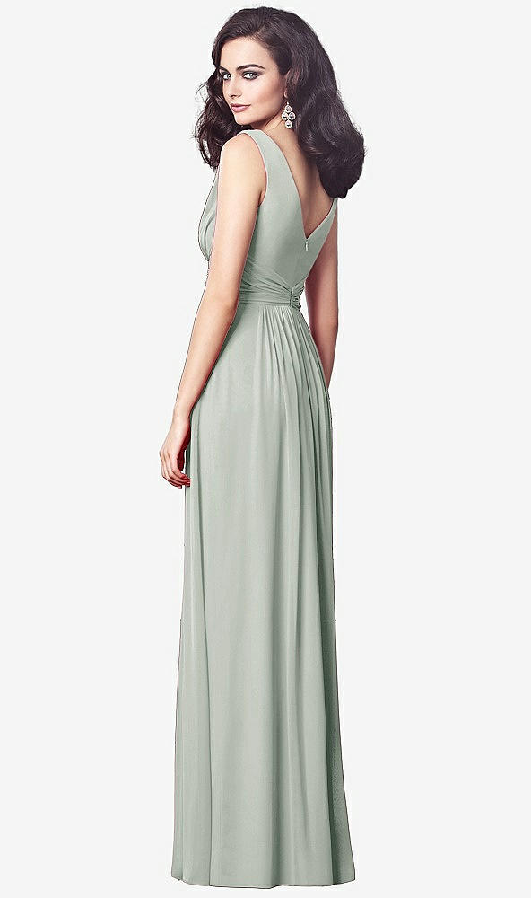 Back View - Willow Green Draped V-Neck Shirred Chiffon Maxi Dress