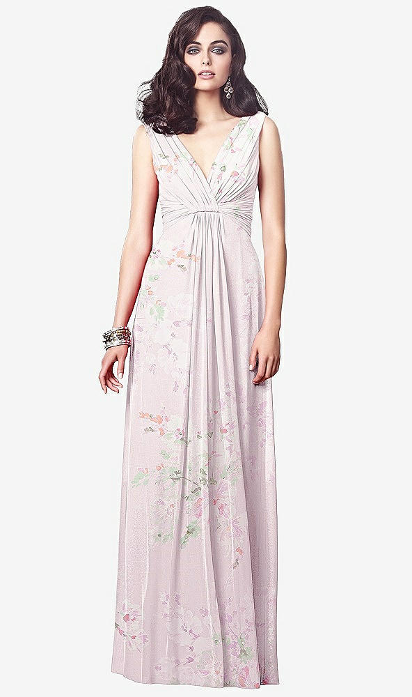 Front View - Watercolor Print Draped V-Neck Shirred Chiffon Maxi Dress