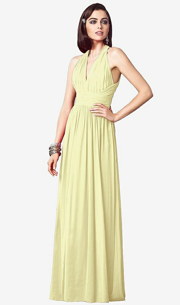 Front View - Butter Yellow Ruched Halter Open-Back Maxi Dress - Jada