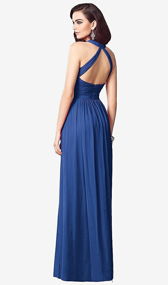 Back View - Classic Blue Ruched Halter Open-Back Maxi Dress - Jada