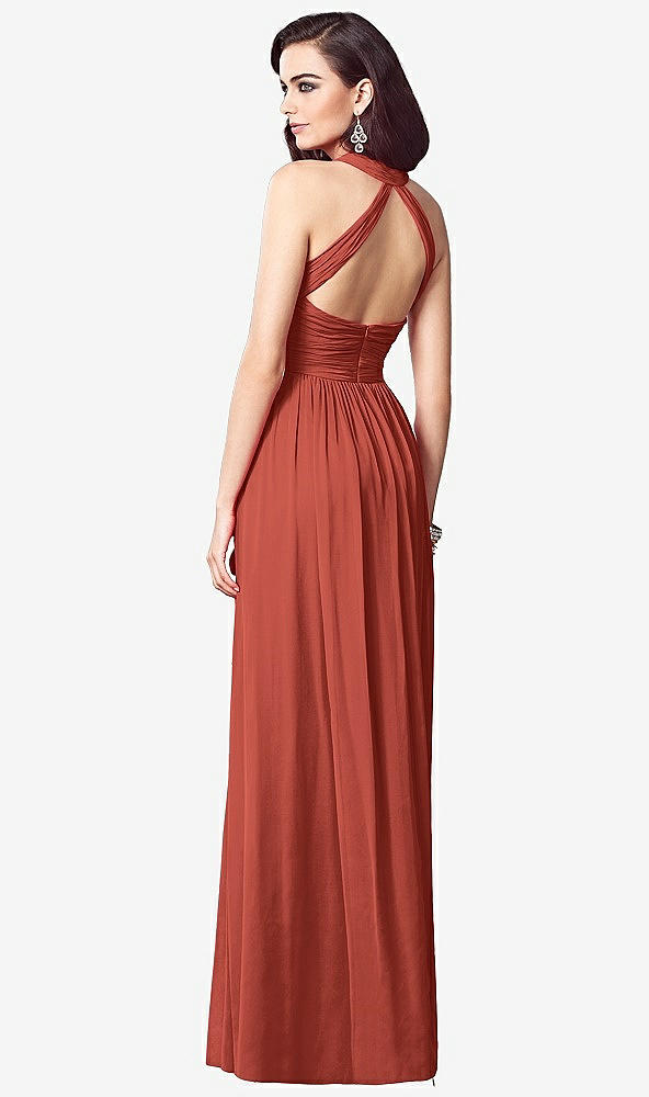 Back View - Amber Sunset Ruched Halter Open-Back Maxi Dress - Jada