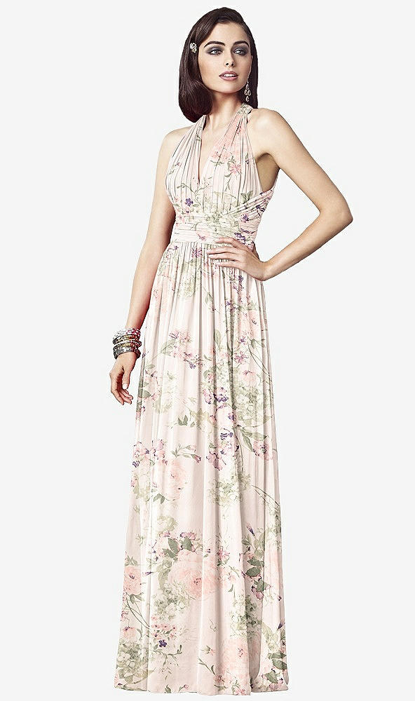 Front View - Blush Garden Ruched Halter Open-Back Maxi Dress - Jada