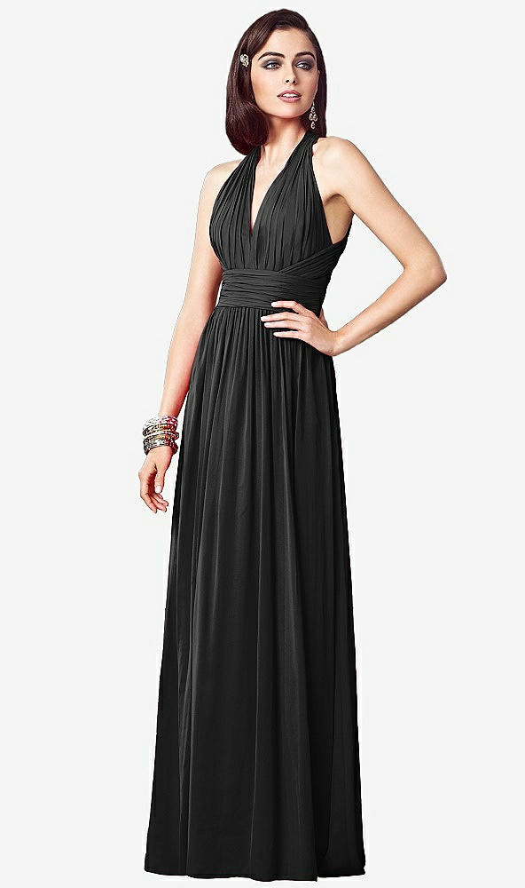 Front View - Black Ruched Halter Open-Back Maxi Dress - Jada