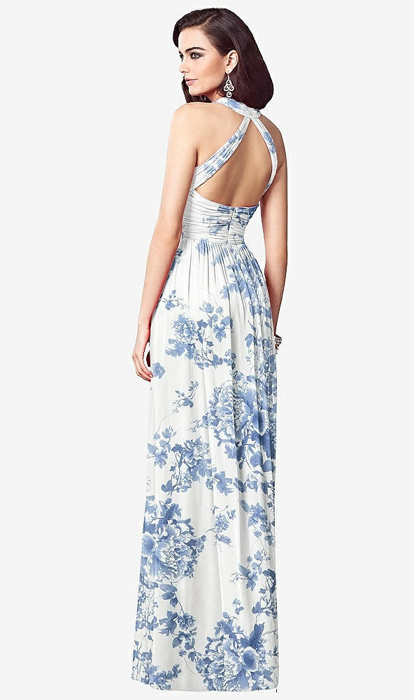 Back View - Cottage Rose Dusk Blue Ruched Halter Open-Back Maxi Dress - Jada