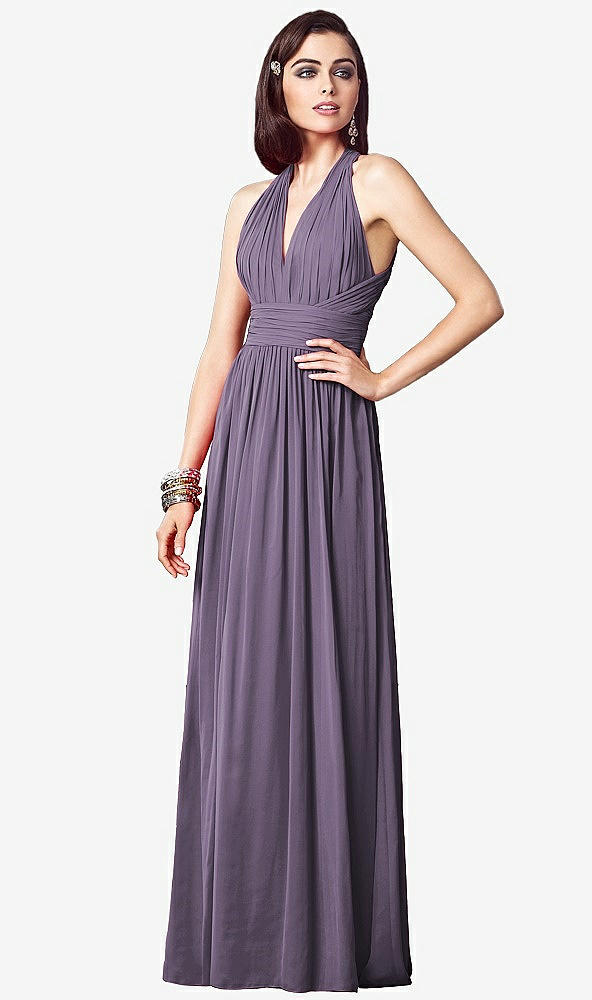 Front View - Lavender Ruched Halter Open-Back Maxi Dress - Jada