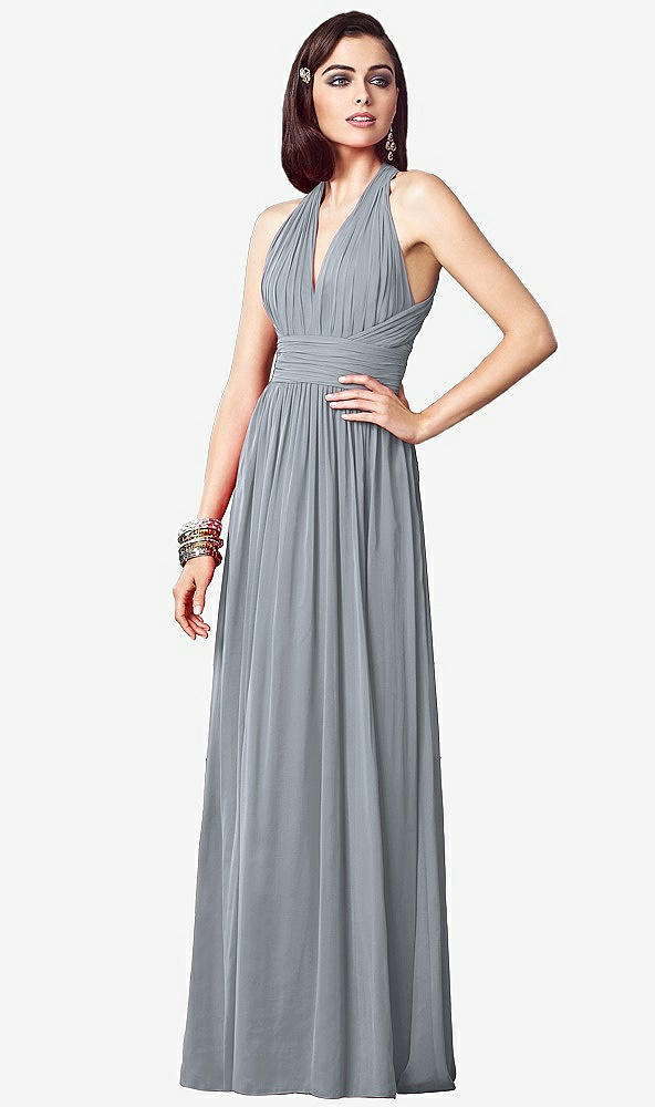 Front View - Platinum Ruched Halter Open-Back Maxi Dress - Jada