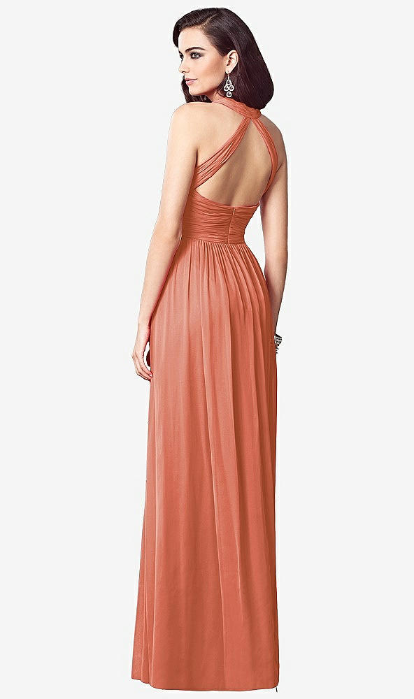 Back View - Terracotta Copper Ruched Halter Open-Back Maxi Dress - Jada