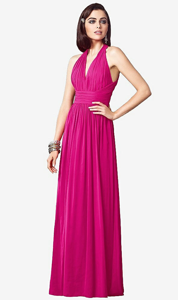 Front View - Think Pink Ruched Halter Open-Back Maxi Dress - Jada