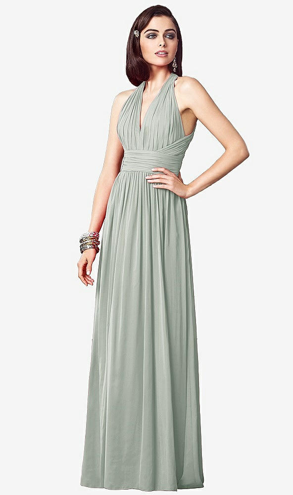 Front View - Willow Green Ruched Halter Open-Back Maxi Dress - Jada