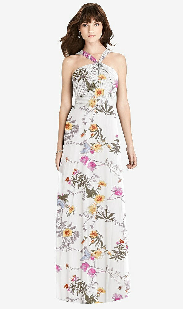 Front View - Butterfly Botanica Ivory Twist Halter Chiffon Maxi Dress - James