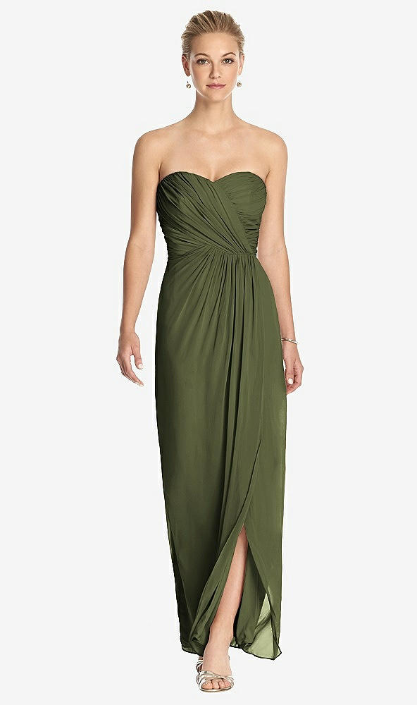 Front View - Olive Green Strapless Draped Chiffon Maxi Dress - Lila