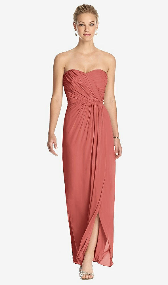 Front View - Coral Pink Strapless Draped Chiffon Maxi Dress - Lila