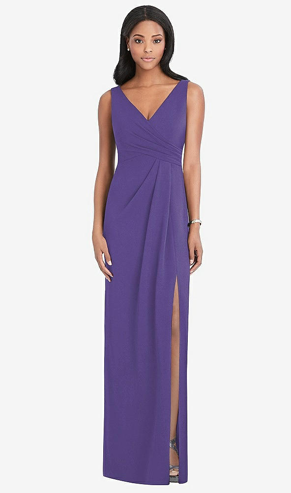 Front View - Regalia - PANTONE Ultra Violet Draped Wrap Maxi Dress with Front Slit - Sena