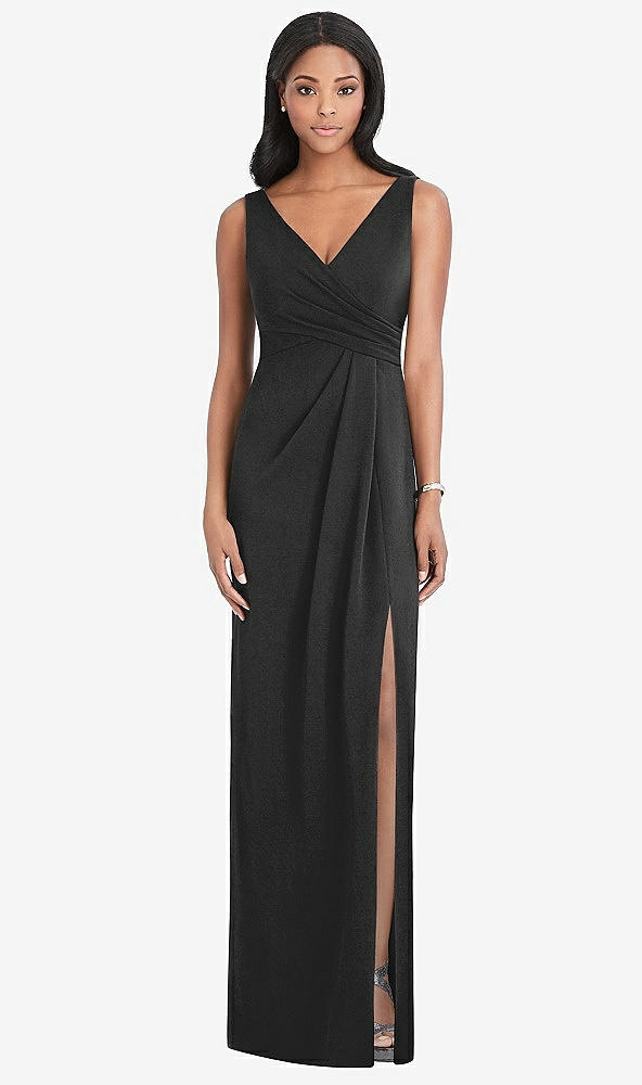 Front View - Black Draped Wrap Maxi Dress with Front Slit - Sena