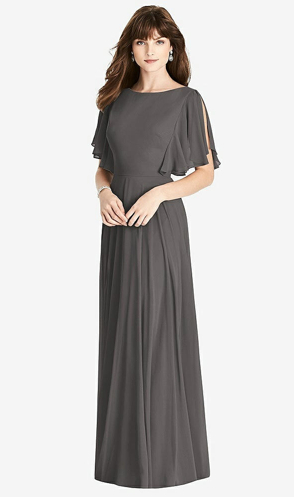 Back View - Caviar Gray Split Sleeve Backless Maxi Dress - Lila