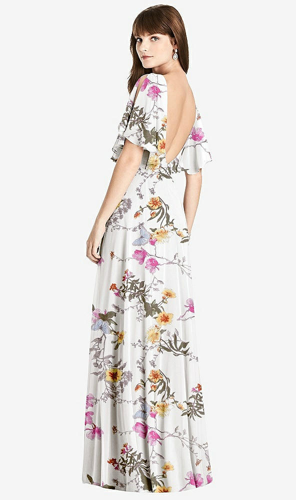 Front View - Butterfly Botanica Ivory Split Sleeve Backless Maxi Dress - Lila