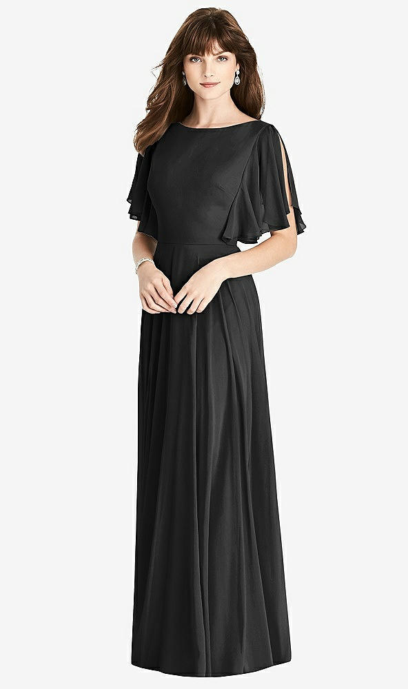 Back View - Black Split Sleeve Backless Maxi Dress - Lila