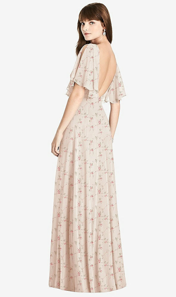 Front View - Coquette Floral Print Split Sleeve Backless Maxi Dress - Lila