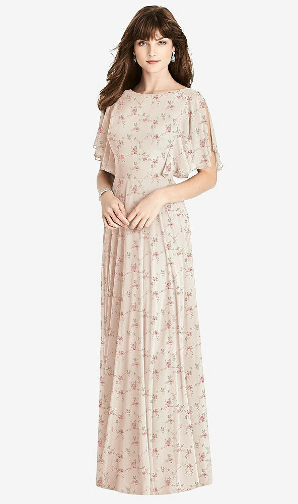 Back View - Coquette Floral Print Split Sleeve Backless Maxi Dress - Lila