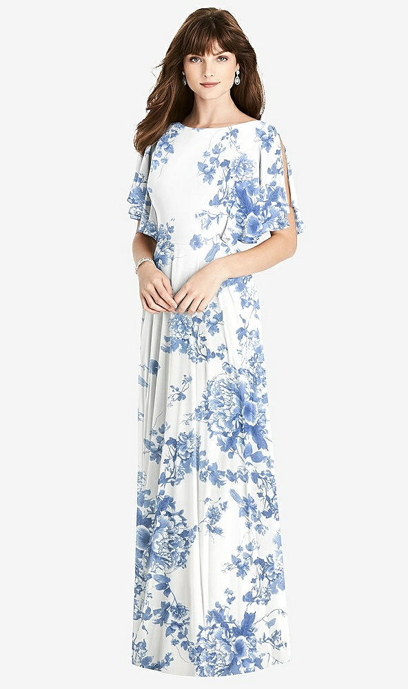 Back View - Cottage Rose Dusk Blue Split Sleeve Backless Maxi Dress - Lila