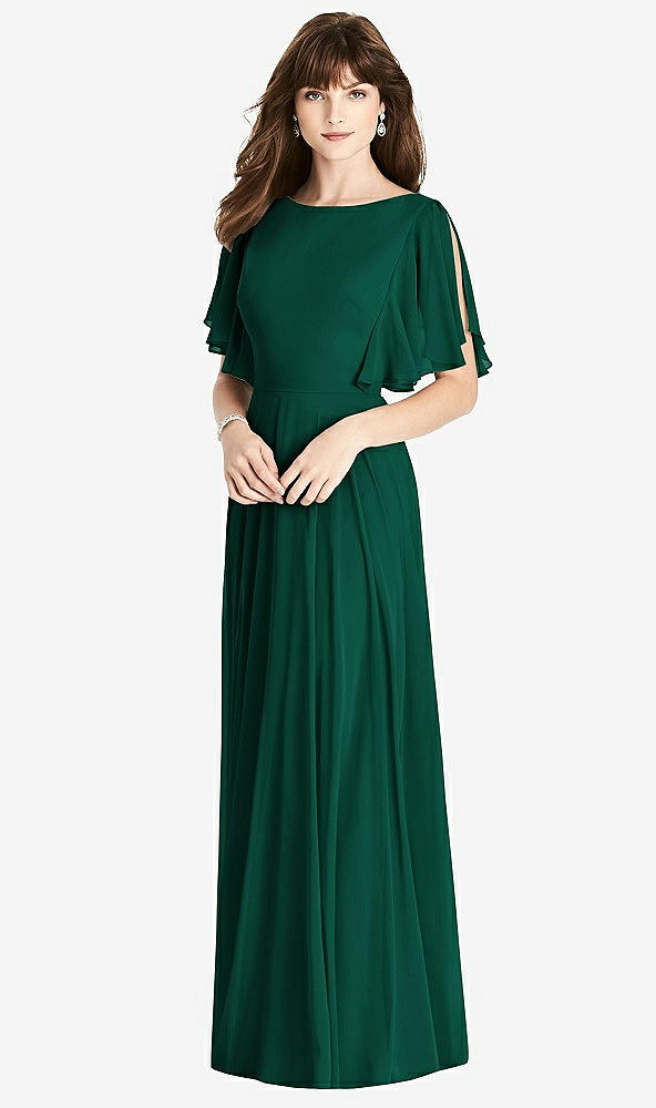 Back View - Hunter Green Split Sleeve Backless Maxi Dress - Lila