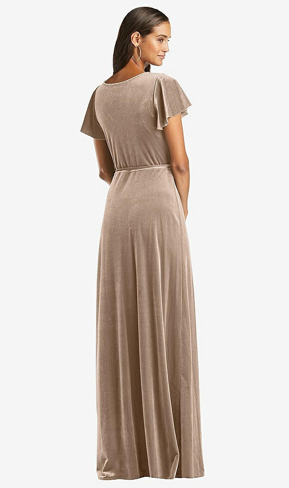 Back View - Topaz Flutter Sleeve Velvet Wrap Maxi Dress with Pockets