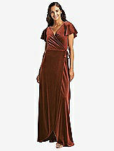 Front View Thumbnail - Auburn Moon Flutter Sleeve Velvet Wrap Maxi Dress with Pockets