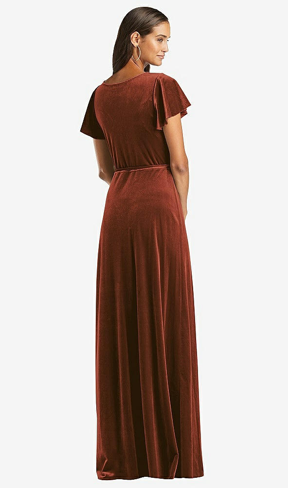 Back View - Auburn Moon Flutter Sleeve Velvet Wrap Maxi Dress with Pockets