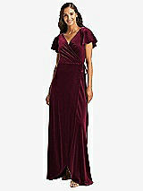 Front View Thumbnail - Cabernet Flutter Sleeve Velvet Wrap Maxi Dress with Pockets