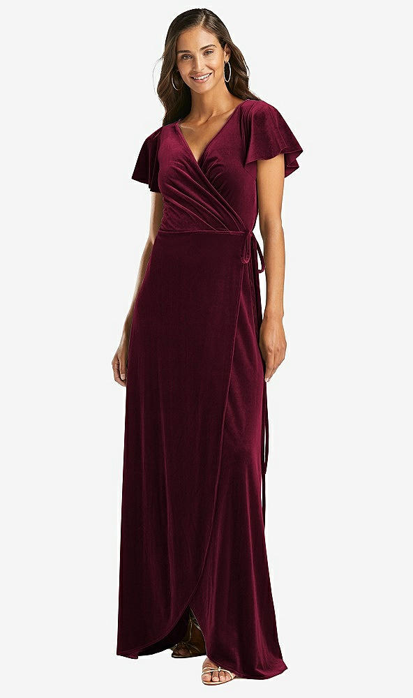 Front View - Cabernet Flutter Sleeve Velvet Wrap Maxi Dress with Pockets