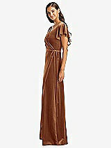 Side View Thumbnail - Golden Almond Flutter Sleeve Velvet Wrap Maxi Dress with Pockets