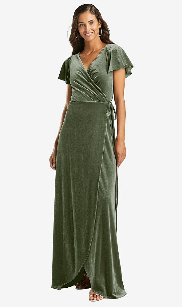 Front View - Sage Flutter Sleeve Velvet Wrap Maxi Dress with Pockets