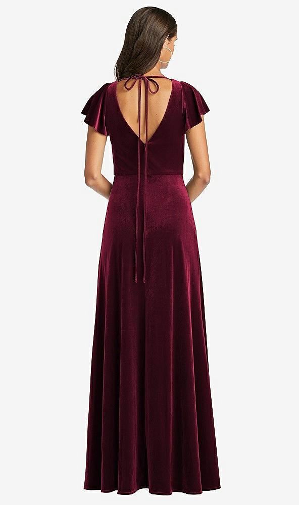 Back View - Cabernet Flutter Sleeve Velvet Maxi Dress with Pockets