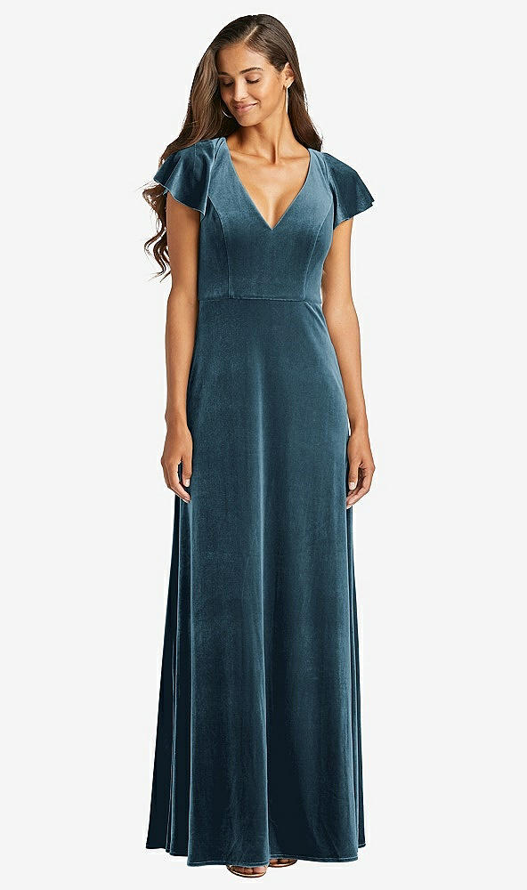 Front View - Dutch Blue Flutter Sleeve Velvet Maxi Dress with Pockets