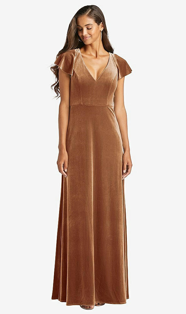 Front View - Golden Almond Flutter Sleeve Velvet Maxi Dress with Pockets