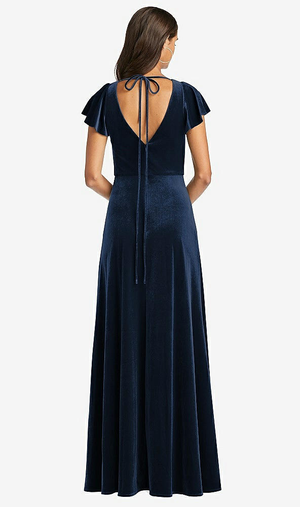 Back View - Midnight Navy Flutter Sleeve Velvet Maxi Dress with Pockets