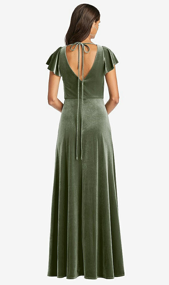 Back View - Sage Flutter Sleeve Velvet Maxi Dress with Pockets