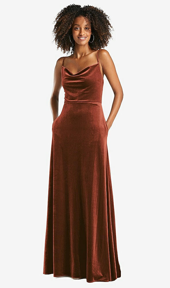 Front View - Auburn Moon Cowl-Neck Velvet Maxi Dress with Pockets