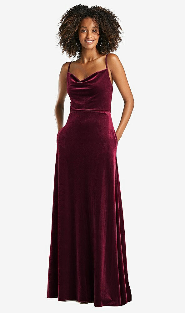 Front View - Cabernet Cowl-Neck Velvet Maxi Dress with Pockets