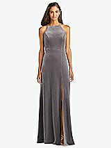 Front View Thumbnail - Caviar Gray Velvet Halter Maxi Dress with Front Slit - Harper