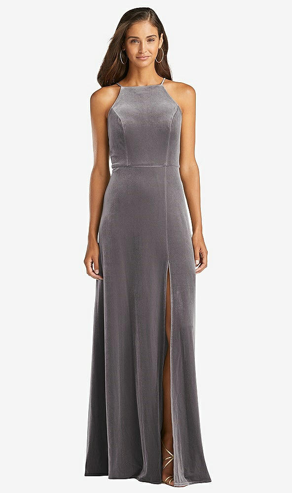 Front View - Caviar Gray Velvet Halter Maxi Dress with Front Slit - Harper