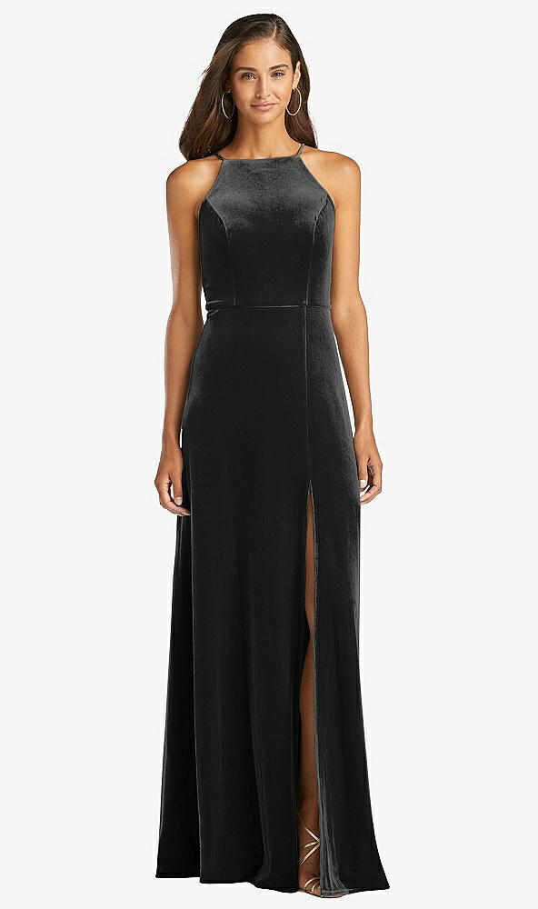 Front View - Black Velvet Halter Maxi Dress with Front Slit - Harper