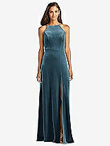 Front View Thumbnail - Dutch Blue Velvet Halter Maxi Dress with Front Slit - Harper