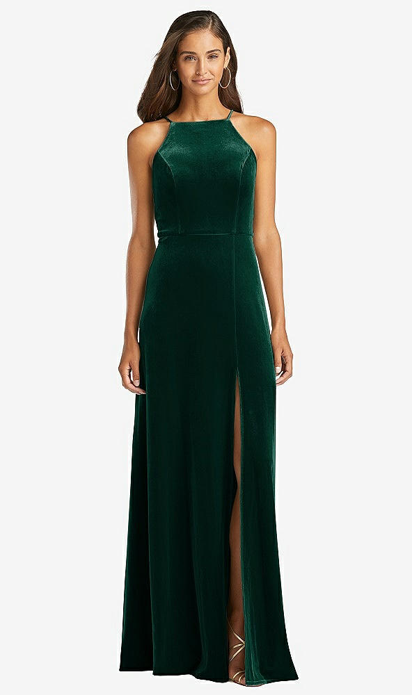 Front View - Evergreen Velvet Halter Maxi Dress with Front Slit - Harper