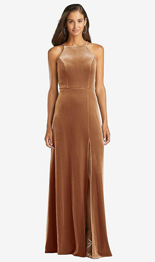 Front View - Golden Almond Velvet Halter Maxi Dress with Front Slit - Harper