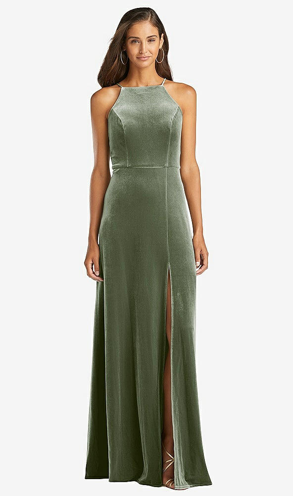 Front View - Sage Velvet Halter Maxi Dress with Front Slit - Harper