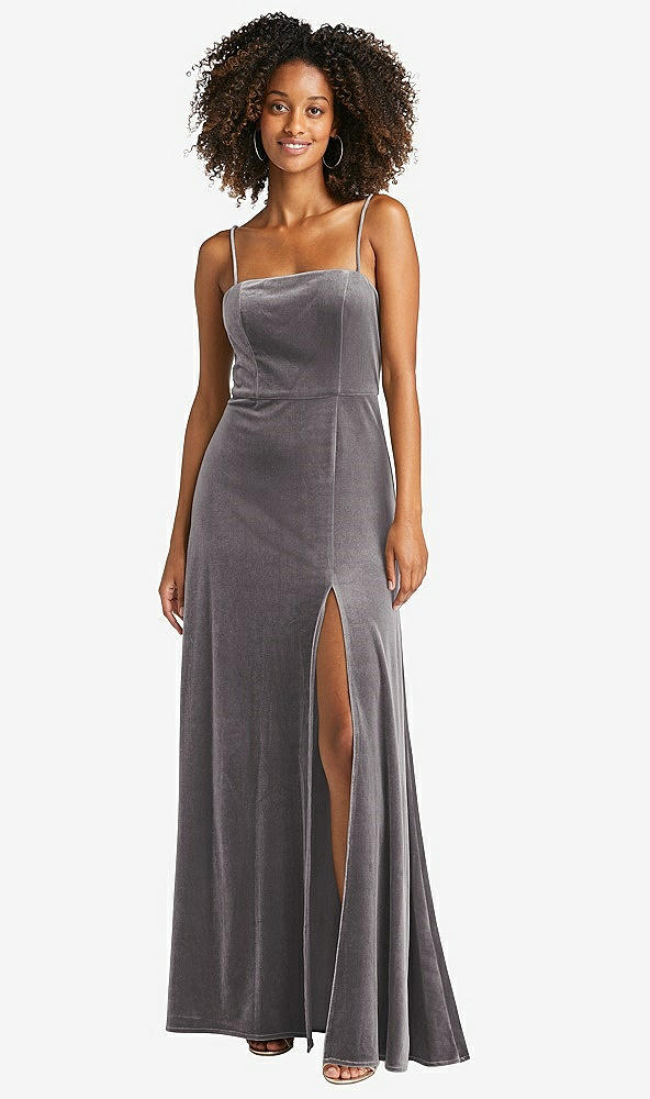 Front View - Caviar Gray Square Neck Velvet Maxi Dress with Front Slit - Drew