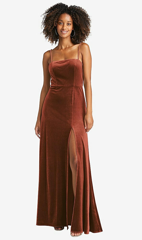 Front View - Auburn Moon Square Neck Velvet Maxi Dress with Front Slit - Drew