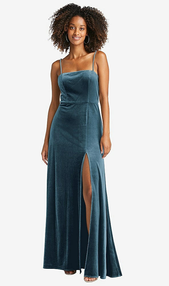 Front View - Dutch Blue Square Neck Velvet Maxi Dress with Front Slit - Drew