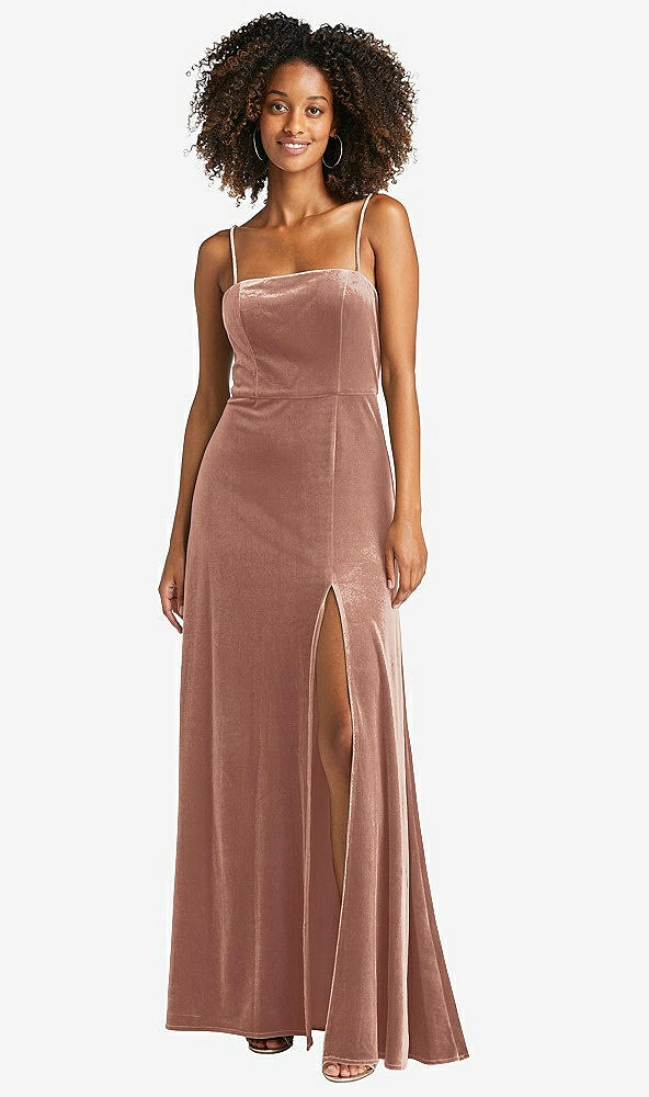 Front View - Tawny Rose Square Neck Velvet Maxi Dress with Front Slit - Drew